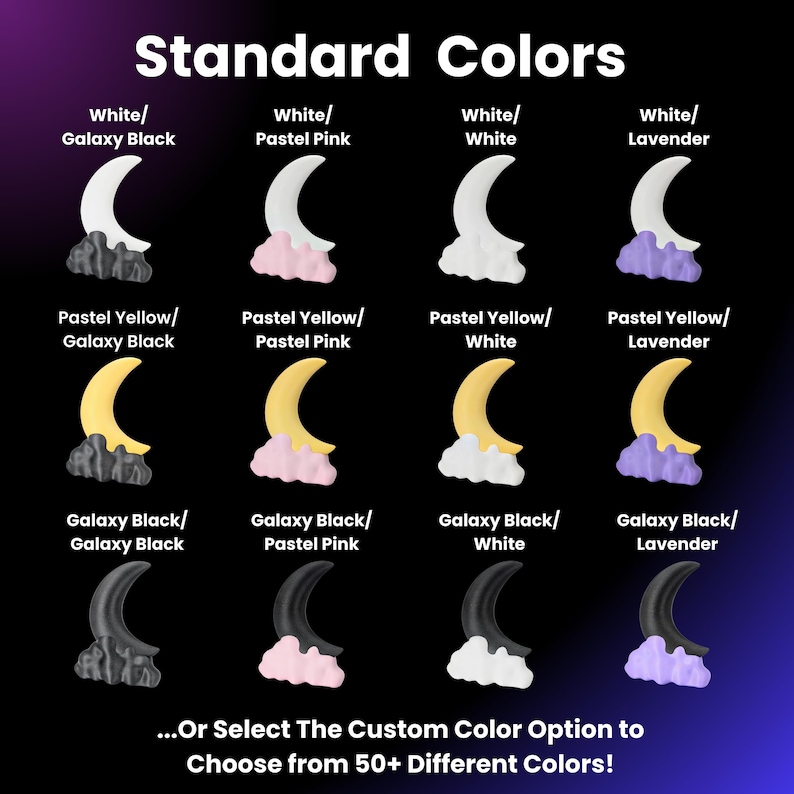 Pode incluir: Um gr&aacute;fico mostrando 12 combina&ccedil;&otilde;es de cores diferentes para um design de lua crescente. As op&ccedil;&otilde;es de cores incluem branco, rosa pastel, preto gal&aacute;xia, amarelo pastel e lavanda. O texto "Cores padr&atilde;o" est&aacute; no topo do gr&aacute;fico. O texto "...Ou selecione a op&ccedil;&atilde;o de cor personalizada para escolher entre mais de 50 cores diferentes!" est&aacute; na parte inferior do gr&aacute;fico.