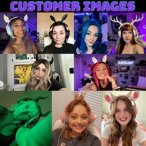 May include: A collage of eight images featuring different people wearing various colorful and decorative headphones with animal-themed earpieces. The headphones are worn over the ears and have a microphone attached. The earpieces include antlers, bunny ears, and devil horns.