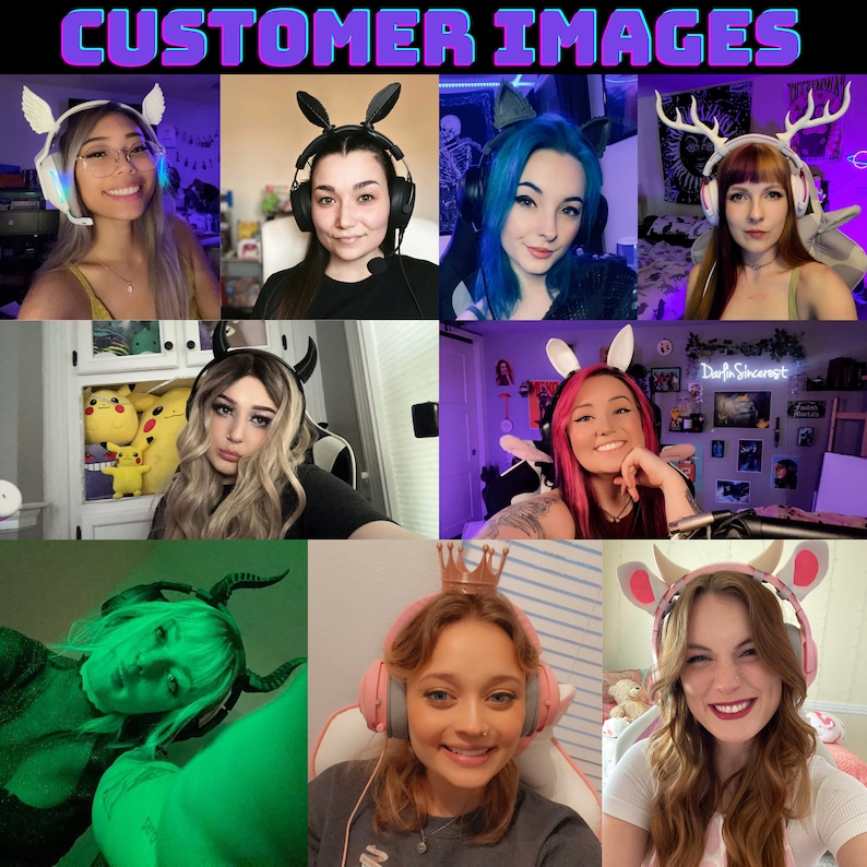 May include: A collage of eight images featuring different people wearing various colorful and decorative headphones with animal-themed earpieces. The headphones are worn over the ears and have a microphone attached. The earpieces include antlers, bunny ears, and devil horns.