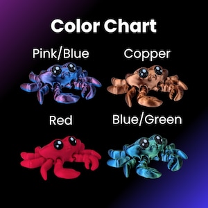 May include: Color chart showing four different color options for a small crab figurine. The colors are pink/blue, copper, red, and blue/green.