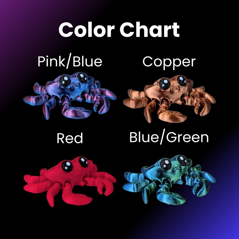 May include: Color chart showing four different color options for a small crab figurine. The colors are pink/blue, copper, red, and blue/green.