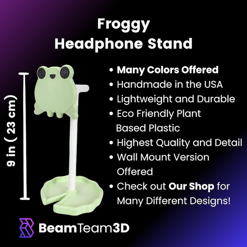 Pu&ograve; includere: Un supporto per cuffie a forma di rana verde con una base a forma di ninfea. Il supporto &egrave; alto 23 cm ed &egrave; realizzato a mano negli Stati Uniti. &Egrave; realizzato in plastica ecologica a base vegetale ed &egrave; disponibile in molti colori. Il supporto &egrave; anche disponibile in una versione a parete. Scopri il nostro negozio per molti altri design!