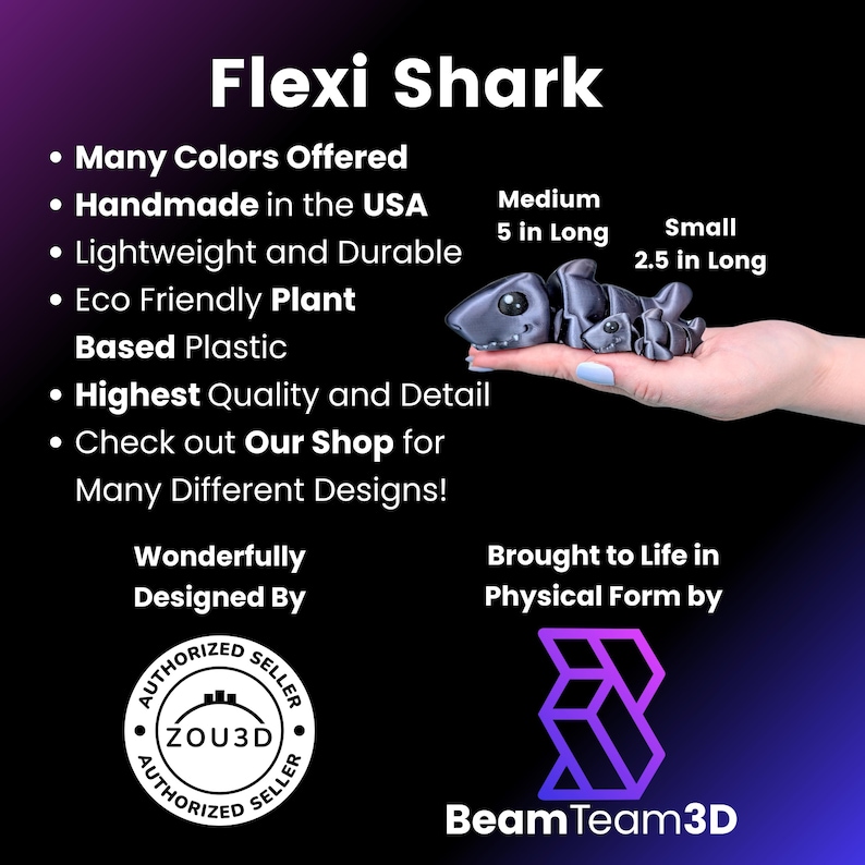 Może przedstawiać: Zabawka Flexi Shark, ręcznie robiona w USA, jest pokazana na zdjęciu. Artykułowany rekin jest szary i mierzy 12,7 cm długości w rozmiarze średnim i 6,35 cm długości w małym rozmiarze. Zabawka jest wykonana z ekologicznego plastiku na bazie roślin.