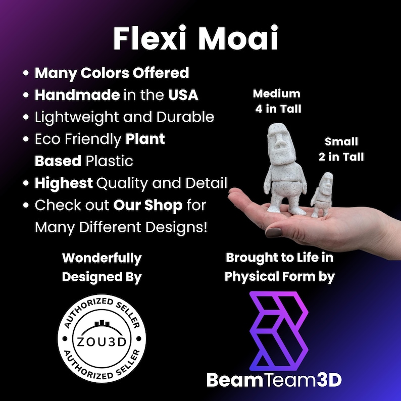 May include: A white, 3D printed Moai statue, available in two sizes: 4 inches tall and 2 inches tall. The statue is made from eco-friendly plant-based plastic and is handmade in the USA. The image also includes the text "Flexi Moai" and "Wonderfully Designed By ZOU3D".