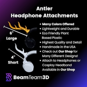 May include: Two pairs of antler headphone attachments, one black and one white. The larger pair is 6 inches long and the smaller pair is 4 inches long. The text "Our Shop" is mentioned twice.
