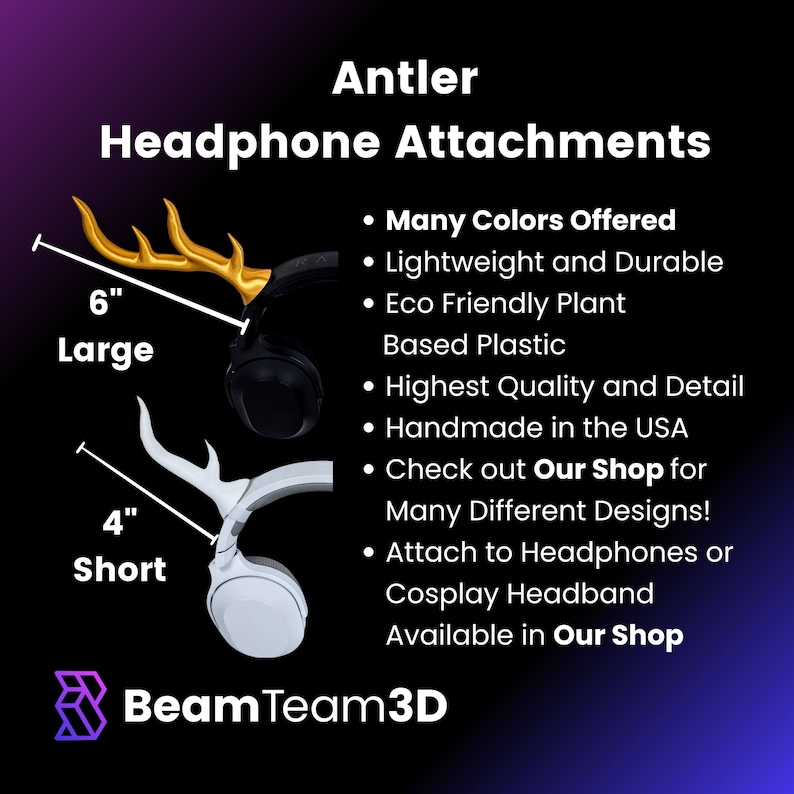 May include: Two pairs of antler headphone attachments, one black and one white. The larger pair is 6 inches long and the smaller pair is 4 inches long. The text "Our Shop" is mentioned twice.