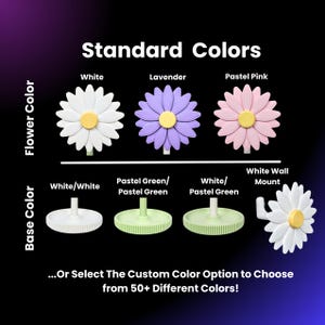 May include: A chart showing different color options for a flower-shaped wall mount. The flower colors are white, lavender, and pastel pink. The base colors are white/white, pastel green/pastel green, white/pastel green, and white wall mount.
