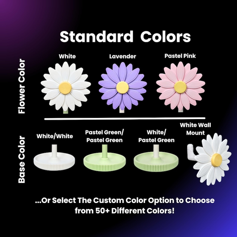 May include: A chart showing different color options for a flower-shaped wall mount. The flower colors are white, lavender, and pastel pink. The base colors are white/white, pastel green/pastel green, white/pastel green, and white wall mount.