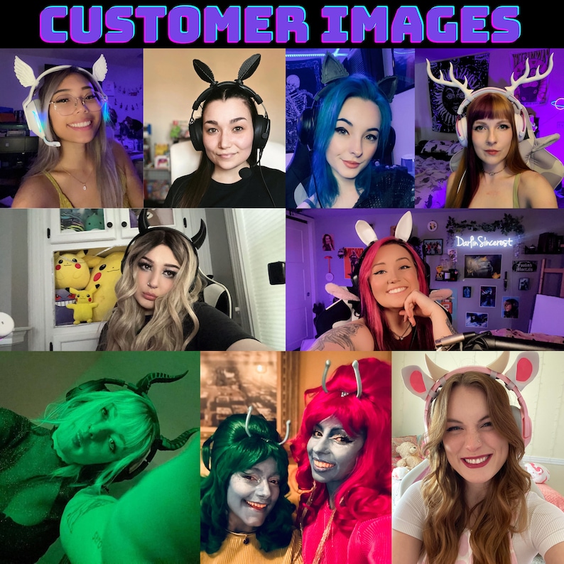 May include: A collage of images featuring people wearing various colorful and themed headphones with animal ears. The headphones have different designs, including bunny ears, deer antlers, and devil horns. The people in the images are smiling and looking at the camera.