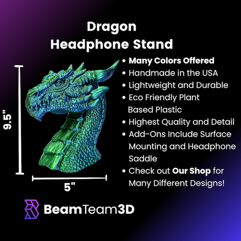 May include: A green dragon-shaped headphone stand, 9.5 inches tall and 5 inches wide. The stand is made of eco-friendly plant-based plastic and is handmade in the USA. It features a detailed dragon head with textured scales and a saddle for holding headphones. The stand is available in many colors.