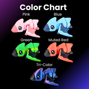 May include: Color chart showing five different color options for a small, articulated, plastic toy. The toy is shaped like a fish with a long tail and a large head. The colors shown are pink, blue, green, muted red, and a tri-color option with blue, purple, and black.