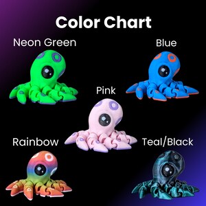 May include: Color chart showing ten different colors of octopus figurines. The colors are neon green, blue, pink, rainbow, teal/black.