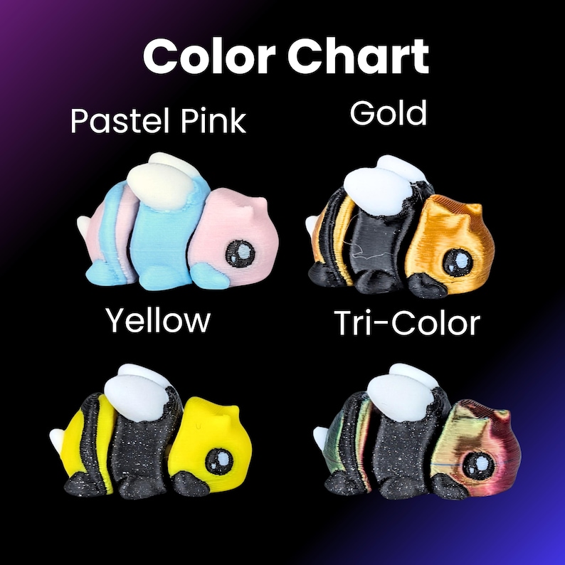 May include: Color chart showing four different color options for a bee-shaped figurine. The options are pastel pink, gold, yellow, and tri-color.
