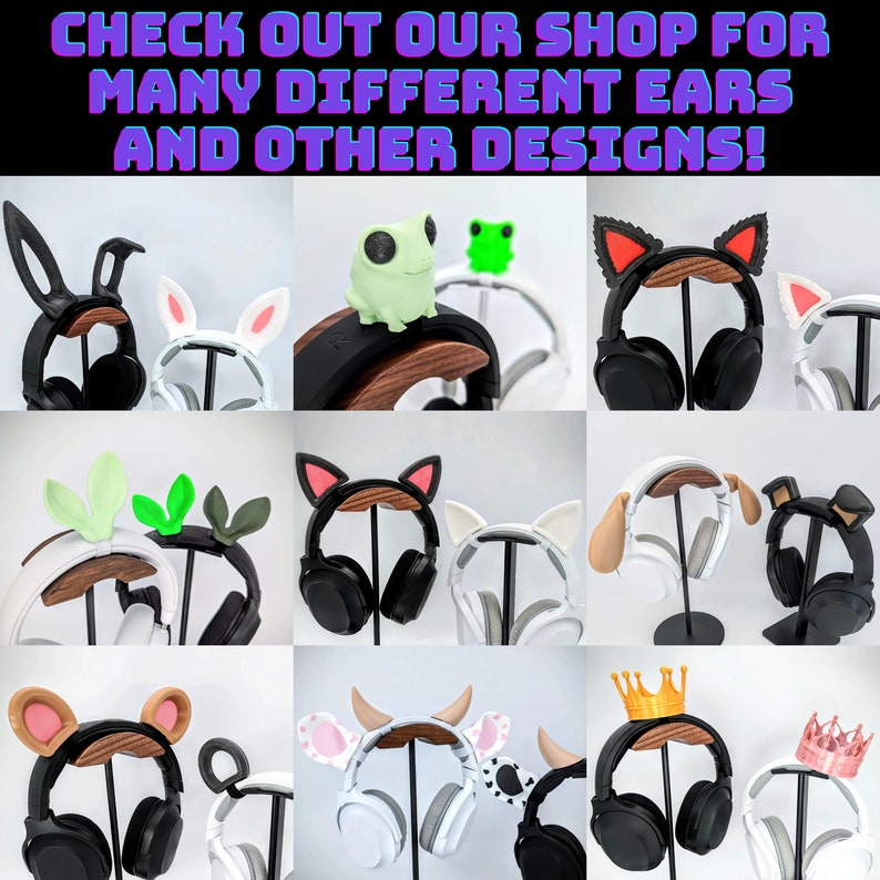Pode incluir: Uma variedade de fones de ouvido com designs de orelhas decorativas, incluindo orelhas de coelho, gato e vaca. A imagem tamb&eacute;m apresenta uma figura de sapo e o texto: "CHECK OUT OUR SHOP FOR MANY DIFFERENT EARS AND OTHER DESIGNS!"