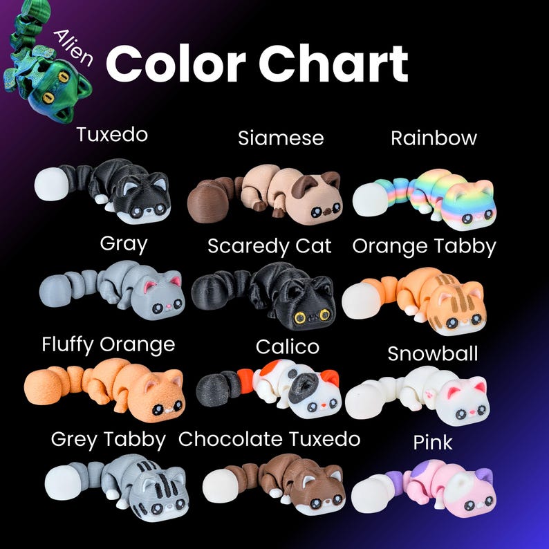 May include: A color chart displays various articulated cat toys in different colors, including black, gray, orange, and rainbow. The text "Color Chart" is prominently displayed, along with the word "Alien" above a green toy.