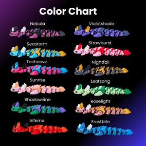 K&ouml;nnte beinhalten: Eine Farbkarte zeigt zw&ouml;lf bewegliche Drachenspielzeuge in verschiedenen Farbschemata. Der Text "Color Chart" steht oben. Jeder Drache ist mit einem eindeutigen Namen versehen, wie z. B. "Nebula", "Seastorm" und "Inferno".