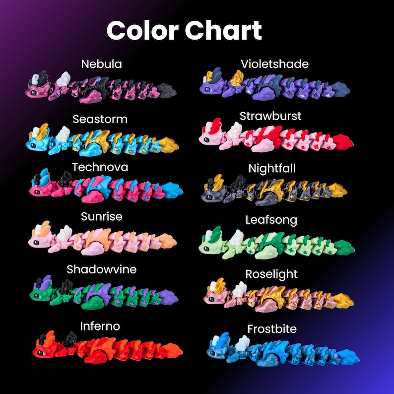 K&ouml;nnte beinhalten: Eine Farbkarte zeigt zw&ouml;lf bewegliche Drachenspielzeuge in verschiedenen Farbschemata. Der Text "Color Chart" steht oben. Jeder Drache ist mit einem eindeutigen Namen versehen, wie z. B. "Nebula", "Seastorm" und "Inferno".