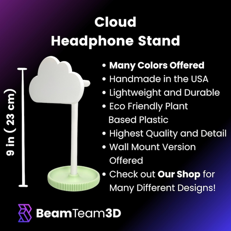 May include: White cloud-shaped headphone stand with a green base. The stand is 9 inches tall and is made from eco-friendly plant-based plastic. It is handmade in the USA and comes in many colors.  Check out Our Shop for many different designs!