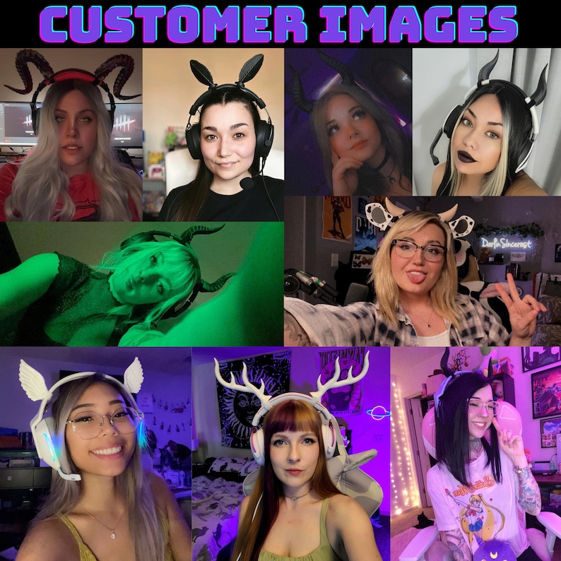 May include: A collage of images featuring people wearing various styles of headphones with unique ear decorations. The decorations include horns, antlers, and cow ears. The headphones are white and have a light blue glow. The images are set against a variety of backgrounds, including a green screen, a bedroom, and a desk.