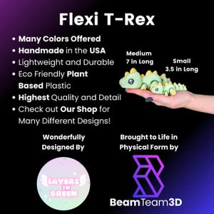 May include: A Flexi T-Rex toy in light green with yellow accents, held in a hand. The image includes text stating it is handmade in the USA, lightweight, durable, and made from eco-friendly plant-based plastic. The medium size is 7 inches long, and the small size is 3.5 inches long.