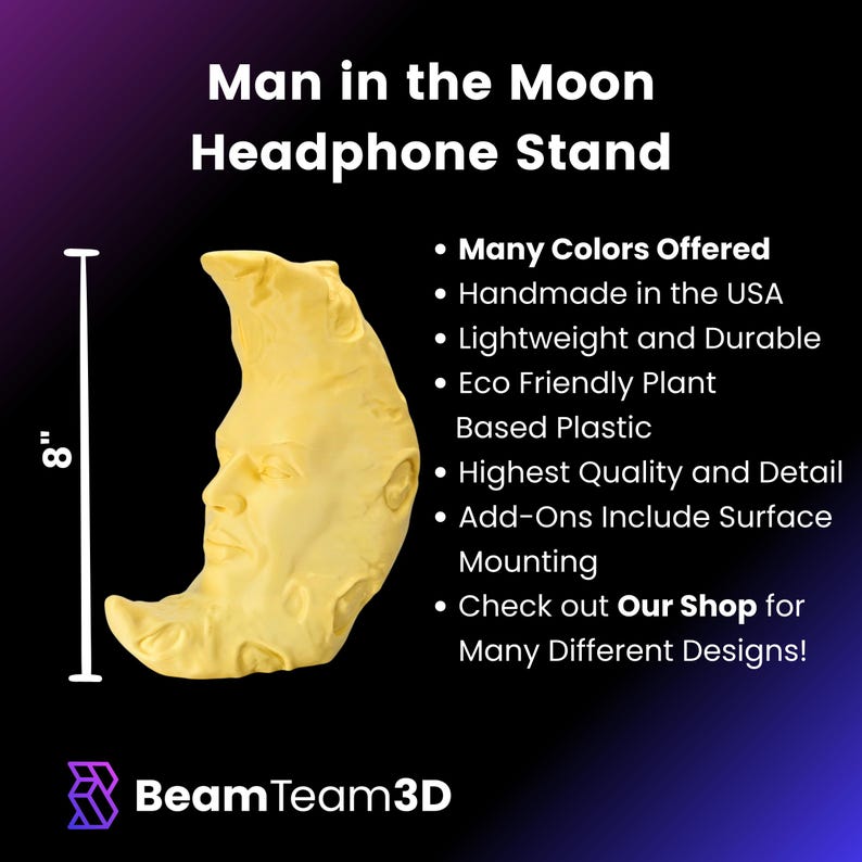 K&ouml;nnte beinhalten: Ein gelber Kopfh&ouml;rerst&auml;nder, 20 cm hoch, in Form eines Halbmonds mit einem menschlichen Gesicht. Der Text lautet "Man in the Moon Headphone Stand" und listet Merkmale wie "Many Colors Offered" auf.