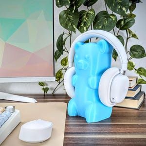 May include: A light blue gummy bear figurine wearing white over-ear headphones. The bear is sitting on a wooden surface with a computer keyboard and mouse in the background.