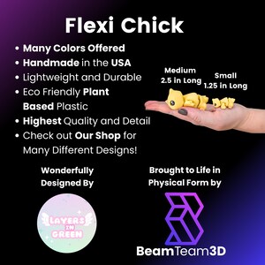May include: A yellow Flexi Chick toy, 2.5 inches long (medium size) and 1.25 inches long (small size), is held in a hand. The image includes text that says "Flexi Chick", "Many Colors Offered", "Handmade in the USA", and "Eco Friendly Plant Based Plastic".