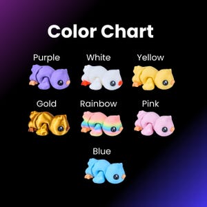 May include: A color chart displays small, stylized animal figurines in various colors: purple, white, yellow, gold, rainbow, pink, and blue. The text "Color Chart" is at the top. Each figurine has a round eye and small legs.