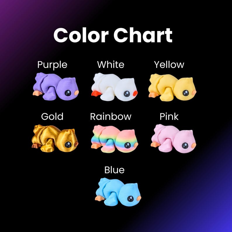 May include: A color chart displays small, stylized animal figurines in various colors: purple, white, yellow, gold, rainbow, pink, and blue. The text "Color Chart" is at the top. Each figurine has a round eye and small legs.