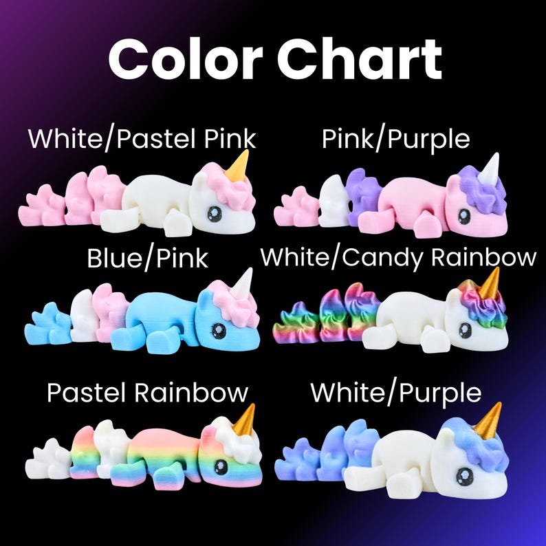 May include: Color chart showing ten different unicorn designs. Each unicorn is laying down with its tail and mane in different colors. The colors include white, pastel pink, pink, purple, blue, candy rainbow, and pastel rainbow.