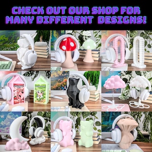 May include: A collection of 10 different headphone stands. The stands are made of various materials, including plastic, wood, and metal. Some of the stands are shaped like animals, such as a bear, a mushroom, and a cloud. Others are more abstract, such as a crescent moon and a pair of intertwined rings. All of the stands are designed to hold headphones securely and stylishly.