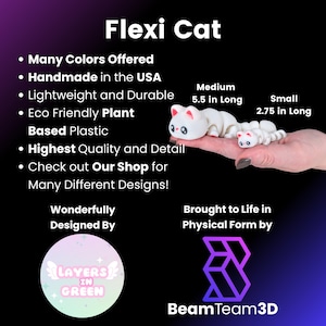 May include: A white, articulated Flexi Cat toy, 5.5 inches long, and a smaller 2.75-inch version are displayed. The image includes text stating the product is handmade in the USA, made of eco-friendly plant-based plastic, and available in many colors.