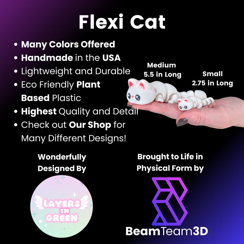 May include: A white, articulated Flexi Cat toy, 5.5 inches long, and a smaller 2.75-inch version are displayed. The image includes text stating the product is handmade in the USA, made of eco-friendly plant-based plastic, and available in many colors.