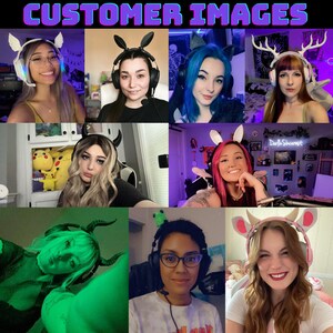 May include: A collage of eight images featuring people wearing various colourful and themed headphones with animal ears. The headphones have a variety of designs, including bunny ears, deer antlers, and cat ears. The people in the images are all smiling and looking at the camera.