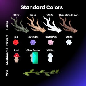 May include: An image displays various miniature decorative elements in multiple colors. The elements include horns, flowers, mushrooms, and a vine. The text "Standard Colors" is at the top, with color names like "Olive," "Wood," and "White."