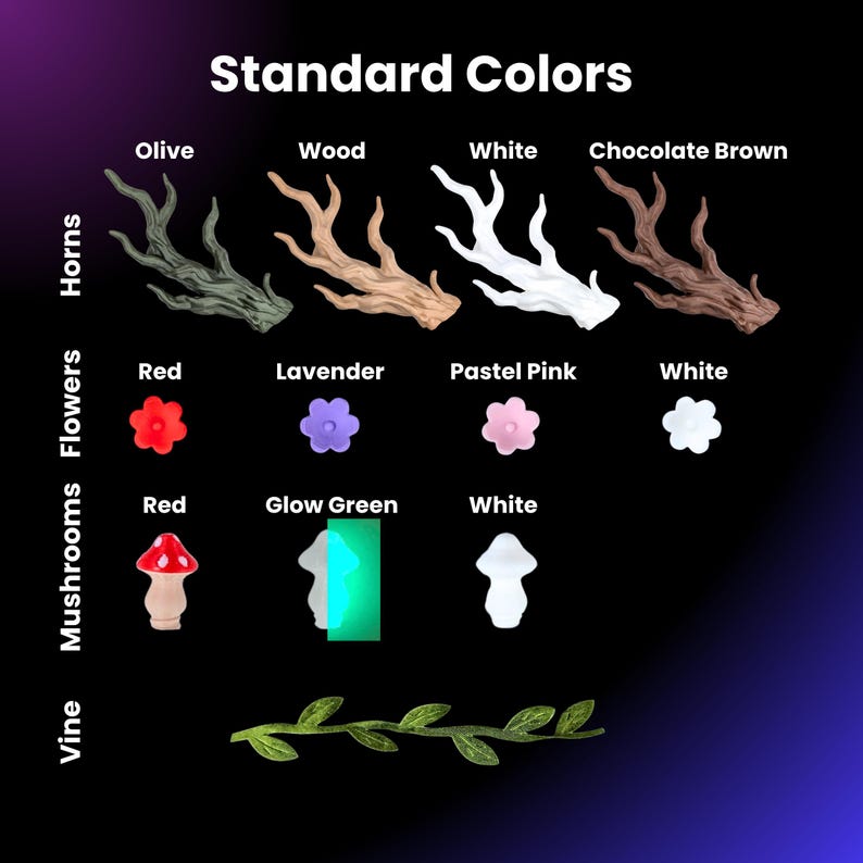May include: An image displays various miniature decorative elements in multiple colors. The elements include horns, flowers, mushrooms, and a vine. The text "Standard Colors" is at the top, with color names like "Olive," "Wood," and "White."
