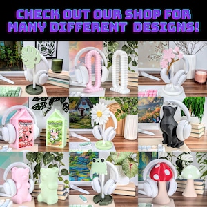 May include: A collage of images showcasing various headphone stands. The stands feature different designs, including a monstera leaf, a daisy, a cartoon frog, a mushroom, a milk carton, and a cat. The stands are made of 3D printed plastic and are available in a variety of colors.