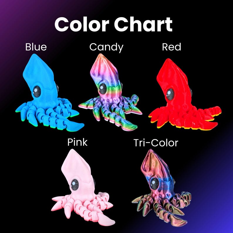May include: Color chart showing different color options for a squid-shaped toy. The colors include blue, candy, red, pink, and tri-color.