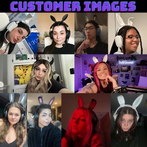 May include: A collage of images featuring people wearing various styles of bunny ear headphones. The headphones are white, black, and pink with different ear designs. Some of the people are smiling, while others are looking at the camera with neutral expressions.