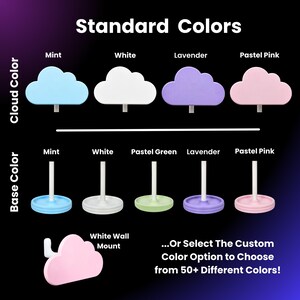 May include: A graphic showing the standard colors for a cloud-shaped diffuser. The colors are mint, white, lavender, and pastel pink. The graphic also shows the base colors for the diffuser, which are mint, white, pastel green, lavender, and pastel pink.