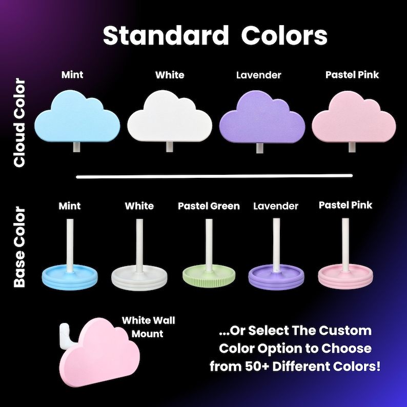 May include: A graphic showing the standard colors for a cloud-shaped diffuser. The colors are mint, white, lavender, and pastel pink. The graphic also shows the base colors for the diffuser, which are mint, white, pastel green, lavender, and pastel pink.