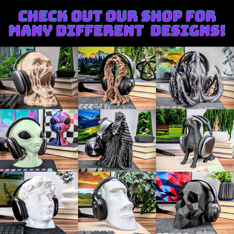 May include: A collage of unique headphone stands, each featuring a different design. The stands include a zombie, an alien, a statue, and a dog, all wearing headphones. The text at the top reads "CHECK OUT OUR SHOP FOR MANY DIFFERENT DESIGNS!"