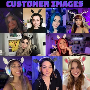 May include: A collage of images featuring people wearing various gaming headsets with different ear decorations, including horns, wings, and antlers. The headsets are white, black, and pink. The people are smiling and looking at the camera.