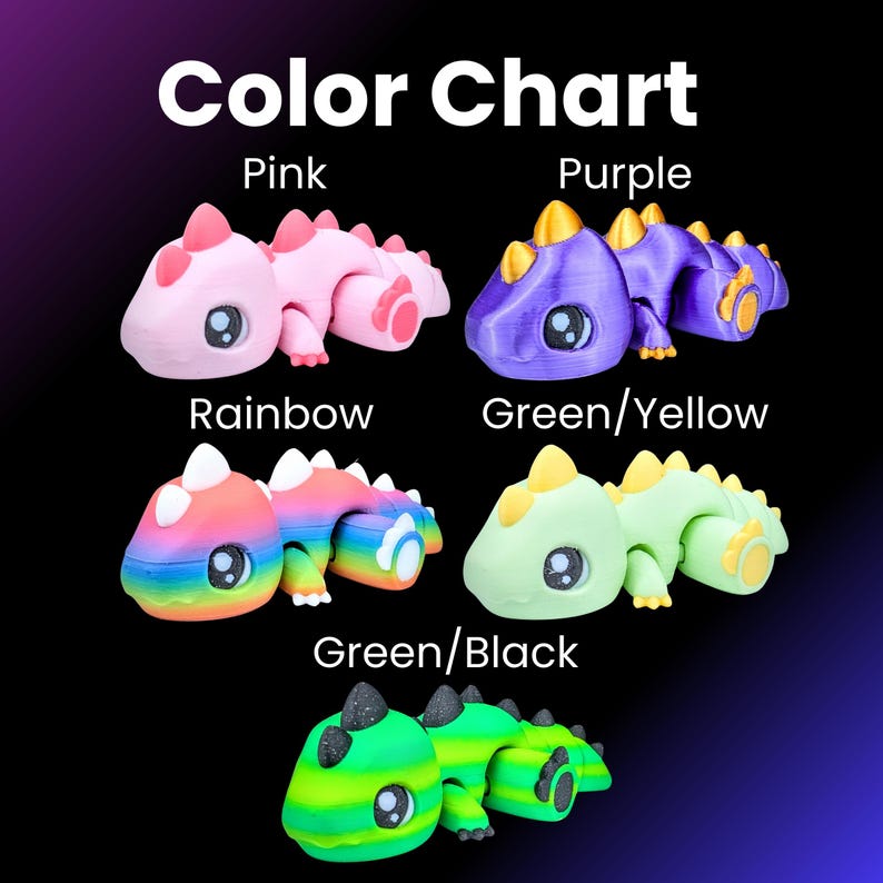 May include: A color chart displays several 3D-printed dragon figurines in various colors. The colors include pink, purple, rainbow, green/yellow, and green/black. The text "Color Chart" is at the top.