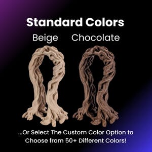 May include: Two 3D printed tree arch sculptures, one in beige and one in chocolate brown. The text "Standard Colors" is above the sculptures, with the words "Beige" and "Chocolate" below each sculpture. The text "...Or Select The Custom Color Option to Choose from 50+ Different Colors!" is below the sculptures.