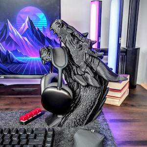Dragon Bust Headphone Stand, Dragon Headset Holder, Gift for Him, Gamer Gift, Fantasy Gifts, Desk Accessories, Office Desk Decor image 1