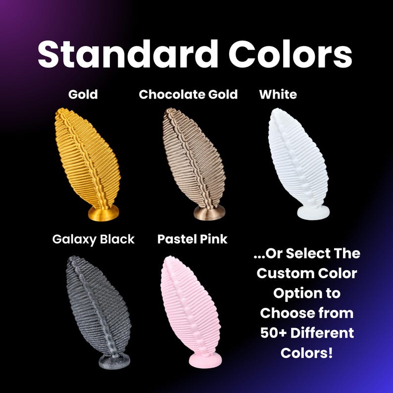 May include: Six decorative leaf-shaped objects in different colors, including gold, chocolate gold, white, galaxy black, pastel pink, and the option to choose from 50+ custom colors.  Standard Colors and ...Or Select The Custom Color Option to Choose from 50+ Different Colors! text is visible.
