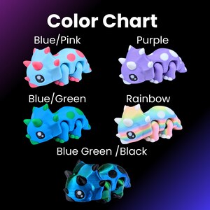 May include: Color chart showing different color variations of a small, plastic dinosaur toy. The colors include blue and pink, purple, blue and green, rainbow, and blue green and black.