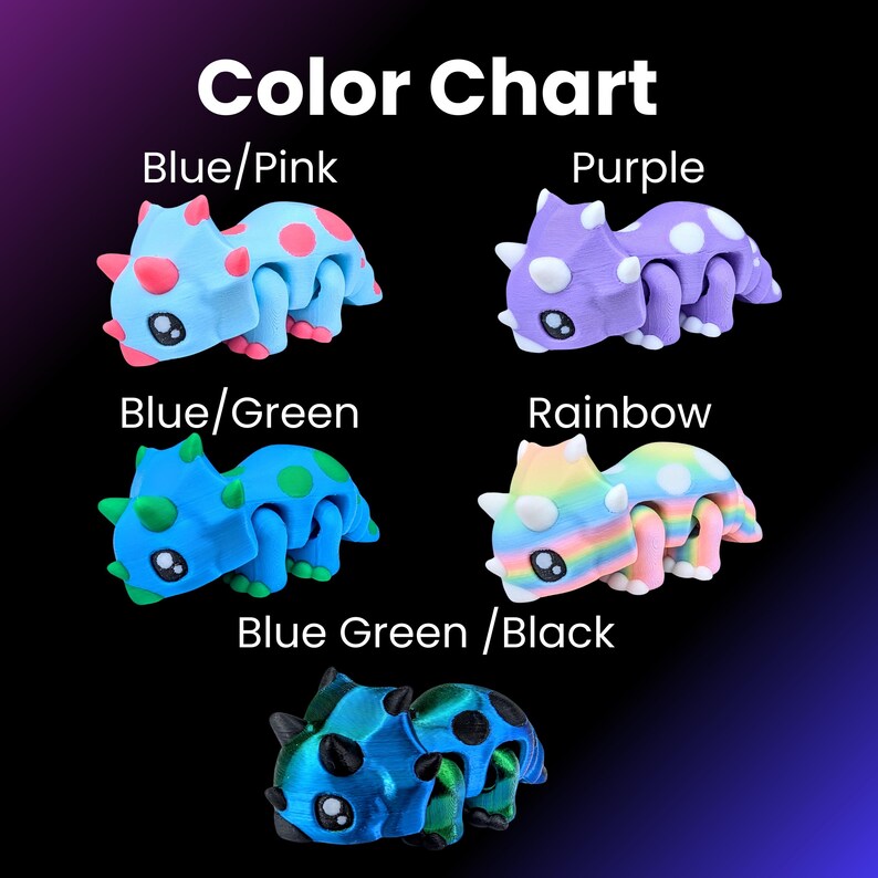 May include: Color chart showing different color variations of a small, plastic dinosaur toy. The colors include blue and pink, purple, blue and green, rainbow, and blue green and black.
