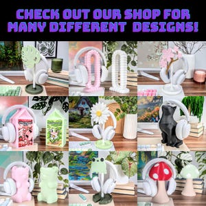 May include: A collage of images showcasing various headphone stands. The stands feature different designs, including a monstera leaf, a daisy, a cartoon frog, a mushroom, a milk carton, and a cat. The stands are made of 3D printed plastic and are available in a variety of colors.